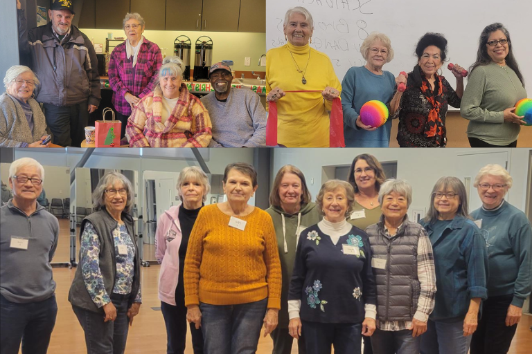 A photo collage of seniors posing for photos. One group of ladies is holding exercise weights. The other group poses smiling in front of the coffee counter in the senior lounge.  The largest photos is the participants of the line dancing class standing smiling.